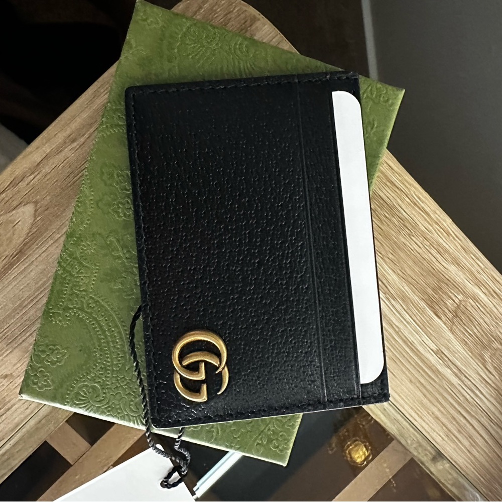 Gucci Black Leather Card Holder with Gold Logo